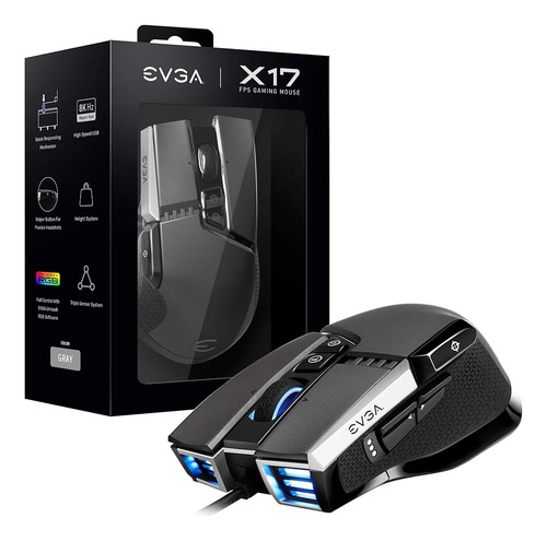 Ratón Para Juegos Evga X17, Con Cable, Gris, Personalizable,