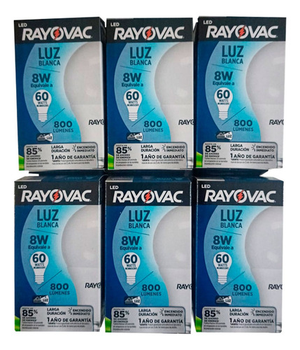 Rayovac Ampolleta Led  Luz 8w 750 Lumenes Pack 6 Unidades