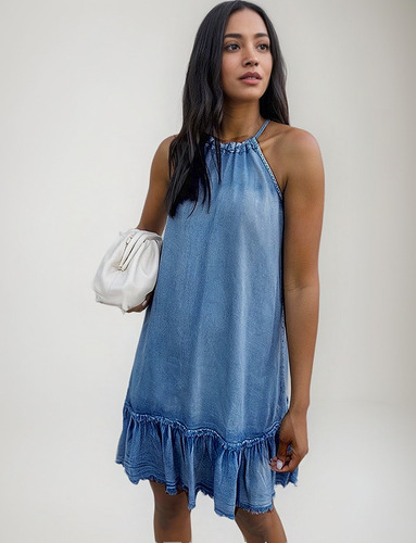 Vestido De Verano Con Cuello Halter De Mezclilla