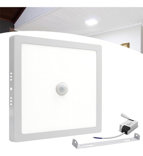 Painel Plafon Led Com Sensor 24w Sobrepor Quadrado Luz Frio Estrutura Branco-frio