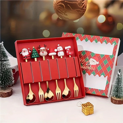 Juego De 6 Tenedores Y Cucharas Navideños, Vajilla Creativa