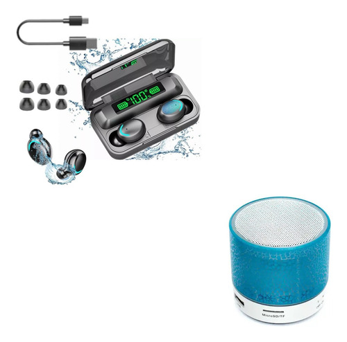 Kit Audífonos Bluetooth F9 Negros Y Bocina Portátil Celeste