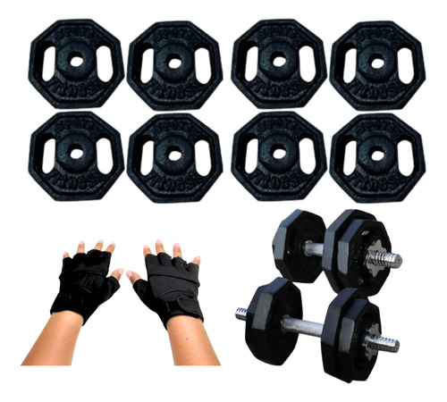 Barra Recta Discos Pesa Guantes+ Manubrio Cromado Pack 32kg