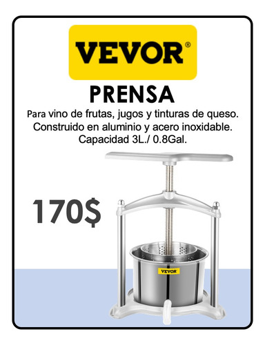 Vevor Prensa Frutas Vinos Jugos Tintura De Quesos 3 Litros