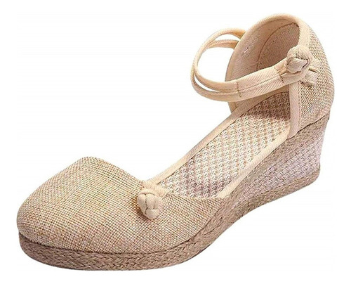 Nuevo Sandalias Tacón Alpargatas Plataforma Yute Color Con