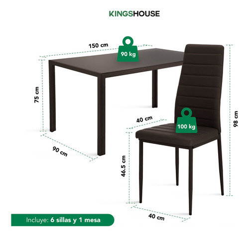 Juego Comedor 6 Sillas Con Mesa De Vidrio Templado Rectangular Estructura Metálica Para 6 Personas Moderno Color Marrón Kingshouse