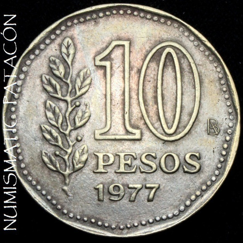 Moneda Argentina De 10 Pesos 1977 Con Patina Plateada