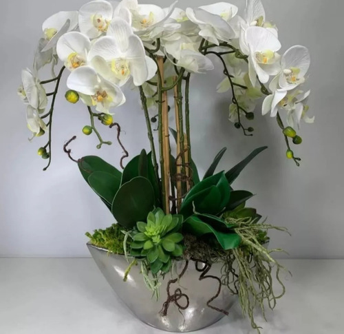 Arreglo De Orquídeas Con Suculenta De Tacto Natural Y Base
