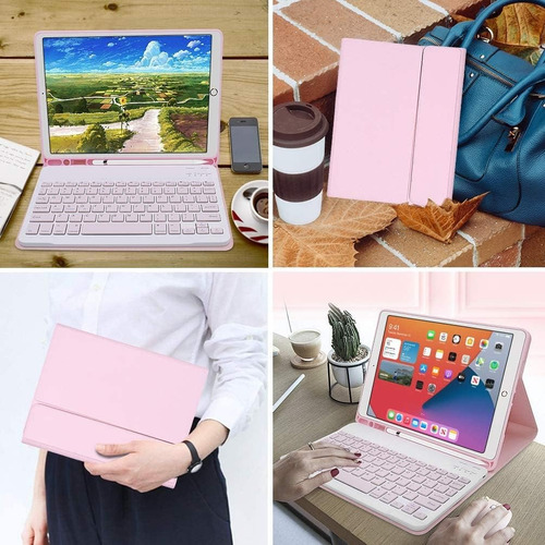 Funda Con Teclado Inalámbrico Para iPad 7 8 Y 9 De 10.2 Rosa