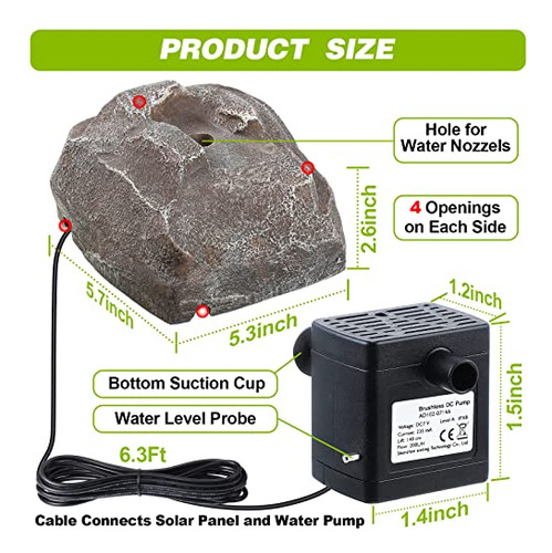 Fuente De Agua Solar Para Pájaros Con Panel Solar, Roca De G