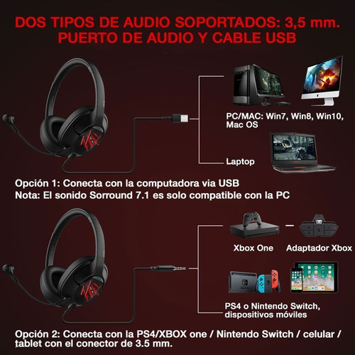 Imagen 5 de 10 de Auriculares Gamer Eksa E3 Air Joy Pro 7.1 Pc Ps4