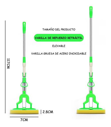 Fregona Esponja Absorbente Con Mango Telescópico, Fácil Uso Verde