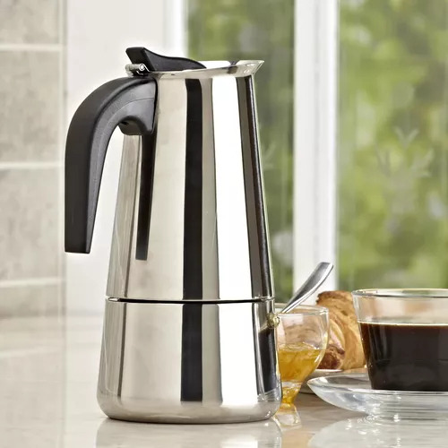 Set Cafetera Italiana Acero Inox Y Vasos Doble Vidrio Hudson