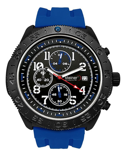 Reloj Bisel Giratorio De Hombre 45 Mm Cronógrafo Y Fechador Correa Azul Bisel Negro Fondo Negro
