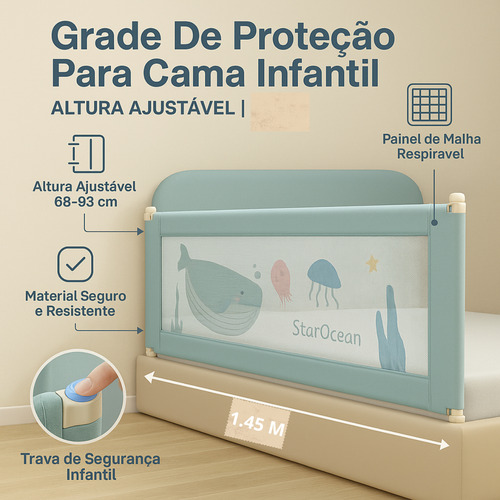 Grade De Proteção Cama Infantil Com D Regulagem Altura 145cm