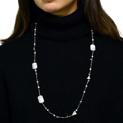 Collar De Plata 925 Largo Con Ágata Rosa Color Plateado