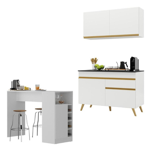 Cozinha Compacta/bancada Americana Veneza Multimóveis Mp2207 Cor Branco/Dourado