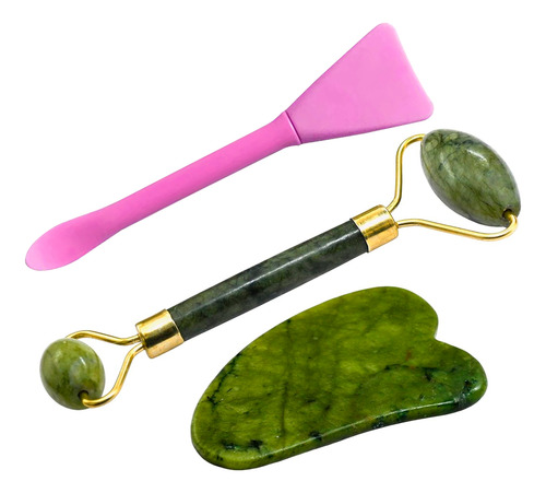 Set De Cuidado Facial Diler 3pzs Con Rodillo Para Masaje Piedra Gua Sha Y Espátula De Silicón Color Rosa 2 En 1 Reutilizable Fácil De Usar Y Apto Para Todo Tipo De Piel Ideal Para Skincare Diario