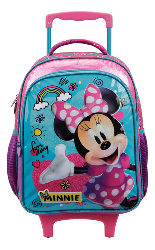 Kit Mochila Rodinha Lanch Estojo Minnie Arco-iris Com Avaria