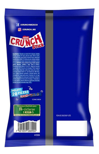 Chocolates Nestlé Crunch Stick 10 Bolsas Con 20pzas De 180g