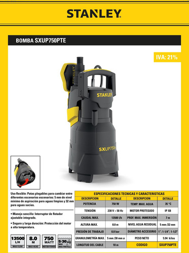 Bomba Desagote Stanley Agua Sucia 750 W 1 Hp 13.500 L/h Fs