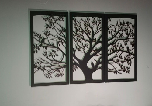 Imagen 2 de 5 de Cuadro Tríptico Árbol Con Pájaros Corte Láser Mdf De 2.5 Mm