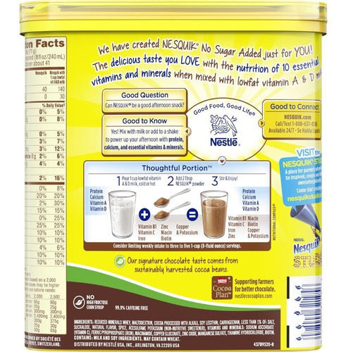 Imagen 3 de 6 de Nesquik Chocolate En Polvo, Sin Azúcar Añadido, De 16 Onzas