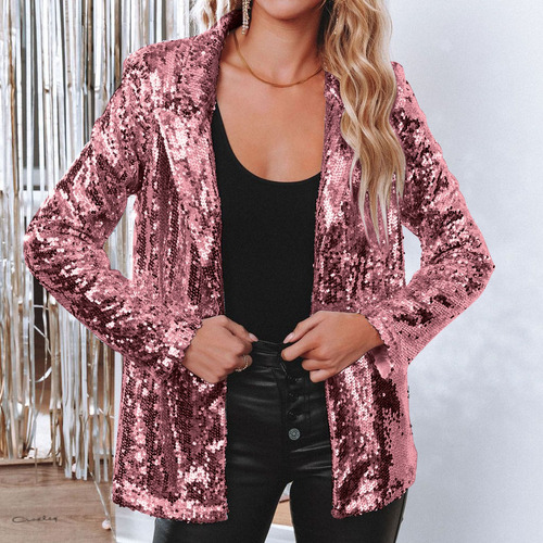 Blazer Elegante De Manga Larga Con Lentejuelas Multicolor