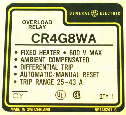New Ge Cr4g8wa Overload Relay Manual Reset 25-45a Range Ddc
