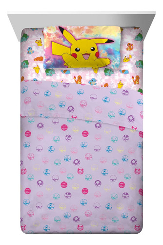 Juego De Sabanas Matrimoniales Pokemon Color Rosa 4 Piezas
