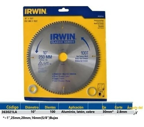 Disco De Corte Para Sierra 10'' Con 100d Irwin 363021la Color Plateado