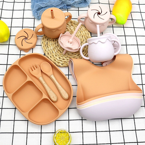 7 Utensilios, Plato, Cuchara, Babero, Tazas Con Pajita