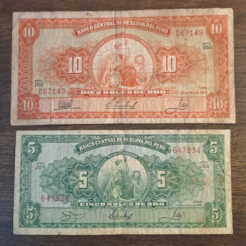 Perú X 2 Billetes 5 Y 10 Soles De Oro 1966 Y 67. Usados !!!