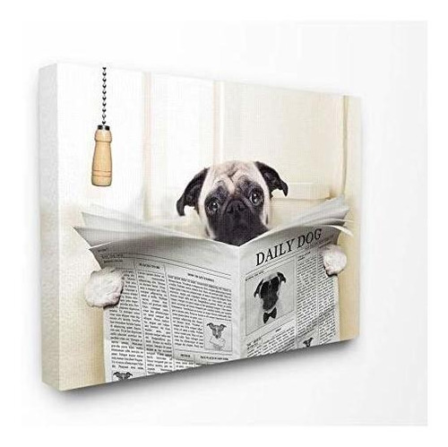 Stupell Industries Pug Reading Periódico En El Baño De Lona 