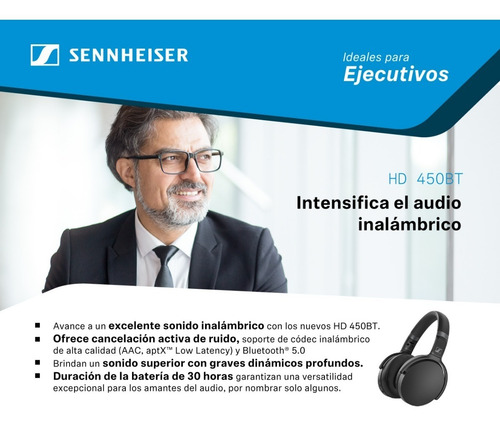 Imagen 2 de 9 de Audífono Sennheiser Bluetooth 5.0 Hasta 30 Hrs Negro Hd 450