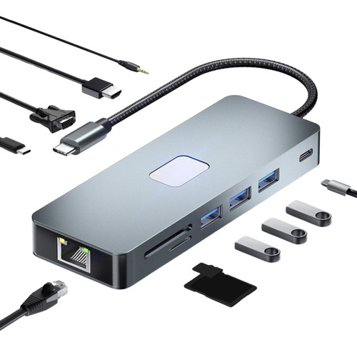 Mr. Gadgets Adaptador Hub Usb C 11 En 1 Usb 3.0, Vga, Ethernet, Jack 3.5mm, Lector De Tarjetas Sd Hdmi 4k 60hz Pd 100w Multipuertos Para iPad Os, Android, Chrome Os, Mac Os, Windows, Color Plata