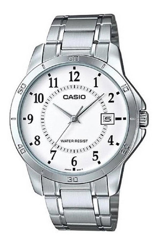 Reloj pulsera Casio Enticer MTP-V004 de cuerpo color plata, analógico, para hombre, fondo blanco, con correa de acero inoxidable color plata, agujas color plata, dial negro, minutero/segundero negro, bisel color plata y desplegable