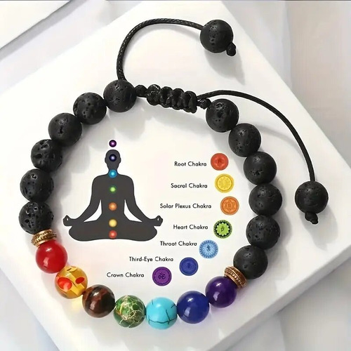 Pulsera De Ágata Negra Con 7 Chakras Y Piedra Volcánica