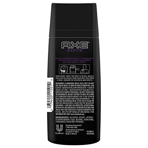 Axe Corporal Para Hombres, Excite (4 Onzas Pack De 3)