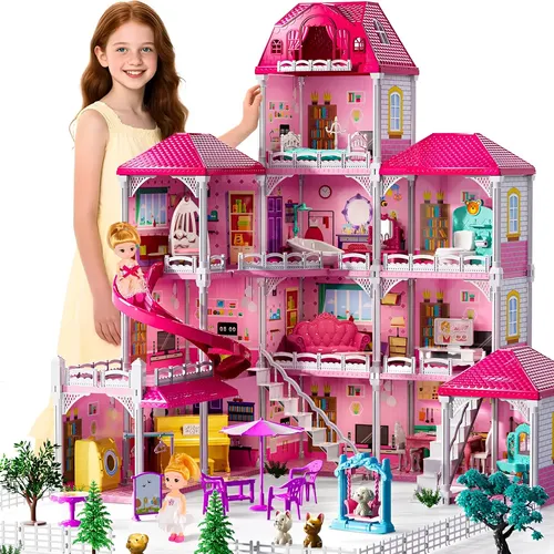 RELAX4LIFE Casa De Muñecas De Madera De 4 Pisos – 33 Accesorios, 6 Habitaciones, Terraza Con Piscina Y 2 Escaleras – Juguete Educativo Para Niños 3+ Años (Rosa, 62x25x78 Cm)