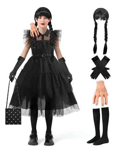Disfraz Miércoles Niñas, Vestido Miercoles Niña, Miércoles Trajes con Cinturón, Calcetines Largos, Collar, Peluca, Bolsa y Mano Juguetes, Disfraz Vestido Mujer para Cosplay Halloween Carnaval (130