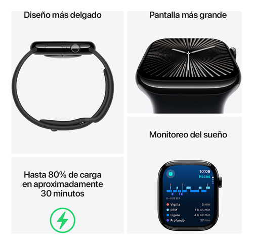 Apple Watch Series 10 GPS • Caja de aluminio negro azabache de 46 mm • Correa deportiva negra - M/L - Excelente (Reacondicionado)