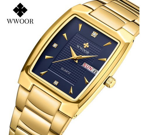 Relógio De Pulso Masculino Wwoor 8837 Luxo E Sofisticação Cor da correia Dourado Cor do bisel Dourado Cor do fundo Azul