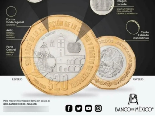 Moneda De 20 Pesos Mexicanos Conmemoración Veracruz 500 Años