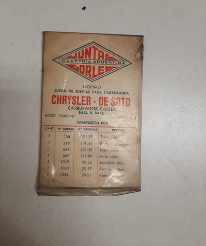 Juntas Carburador - Chrysler De Soto - C. Carter Ball Y Ball