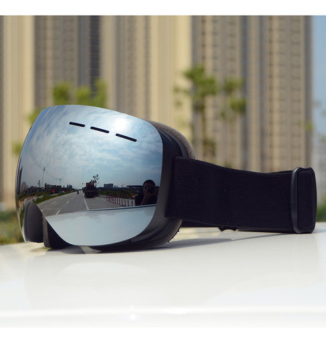 Anti Fog Uv 400 Protección Marco Negro Nieve Lentes Plateada