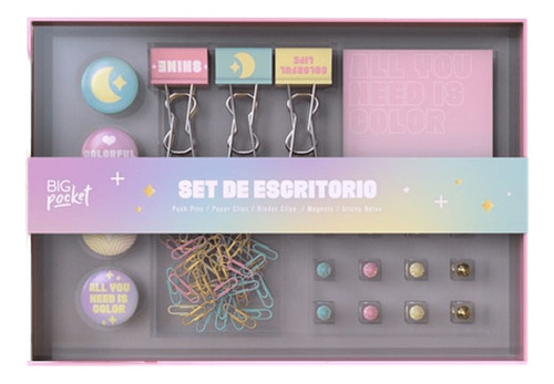 Set Escritorio Big Pocket Pastel Notas Clips Imanes Surtidos