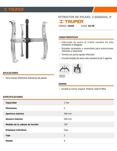 Imagen 3 de 6 de Extractor De Poleas Y Rulemanes 3 Garras 266 Mm Truper Ex-p8