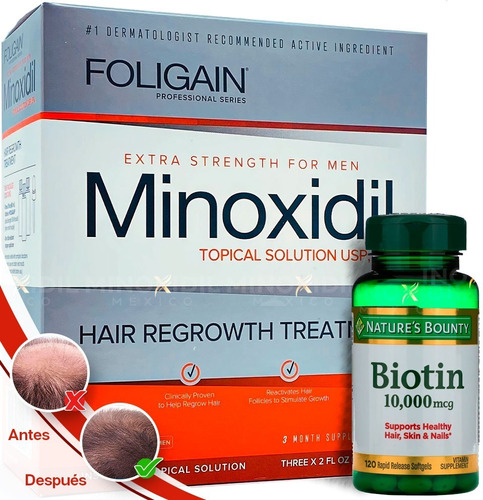 Imagen 1 de 6 de Minoxidil 5%  + Biotina Premium 10,000 Mcg 120 Caps