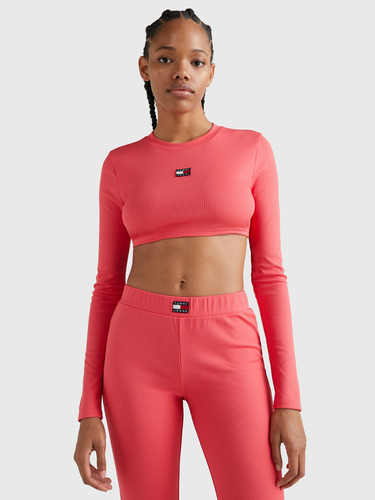 Polera De Manga Larga Cropped Mujer Tommy Jeans Rosado